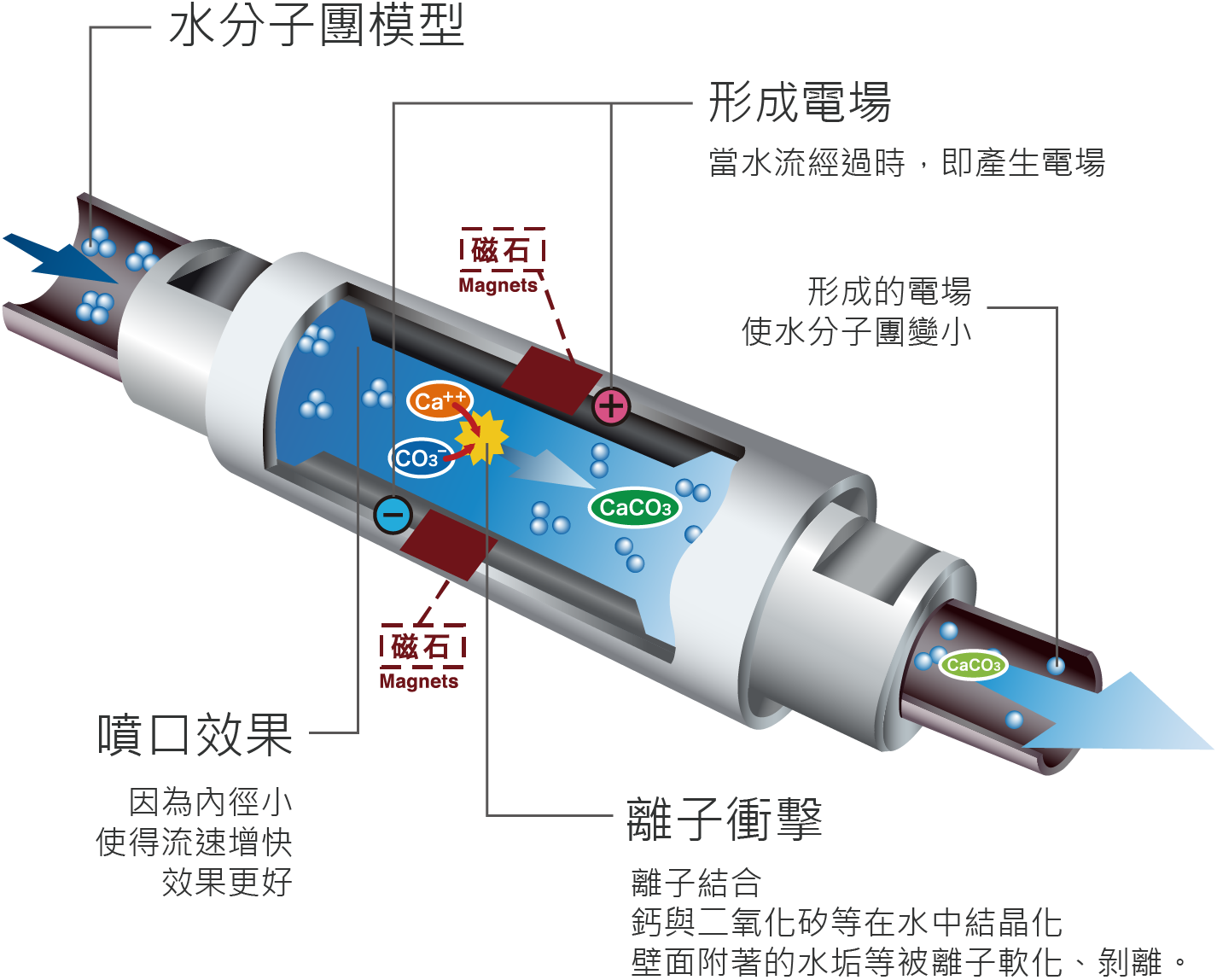 水分子在活水器中產生離子衝擊,使水分子變小